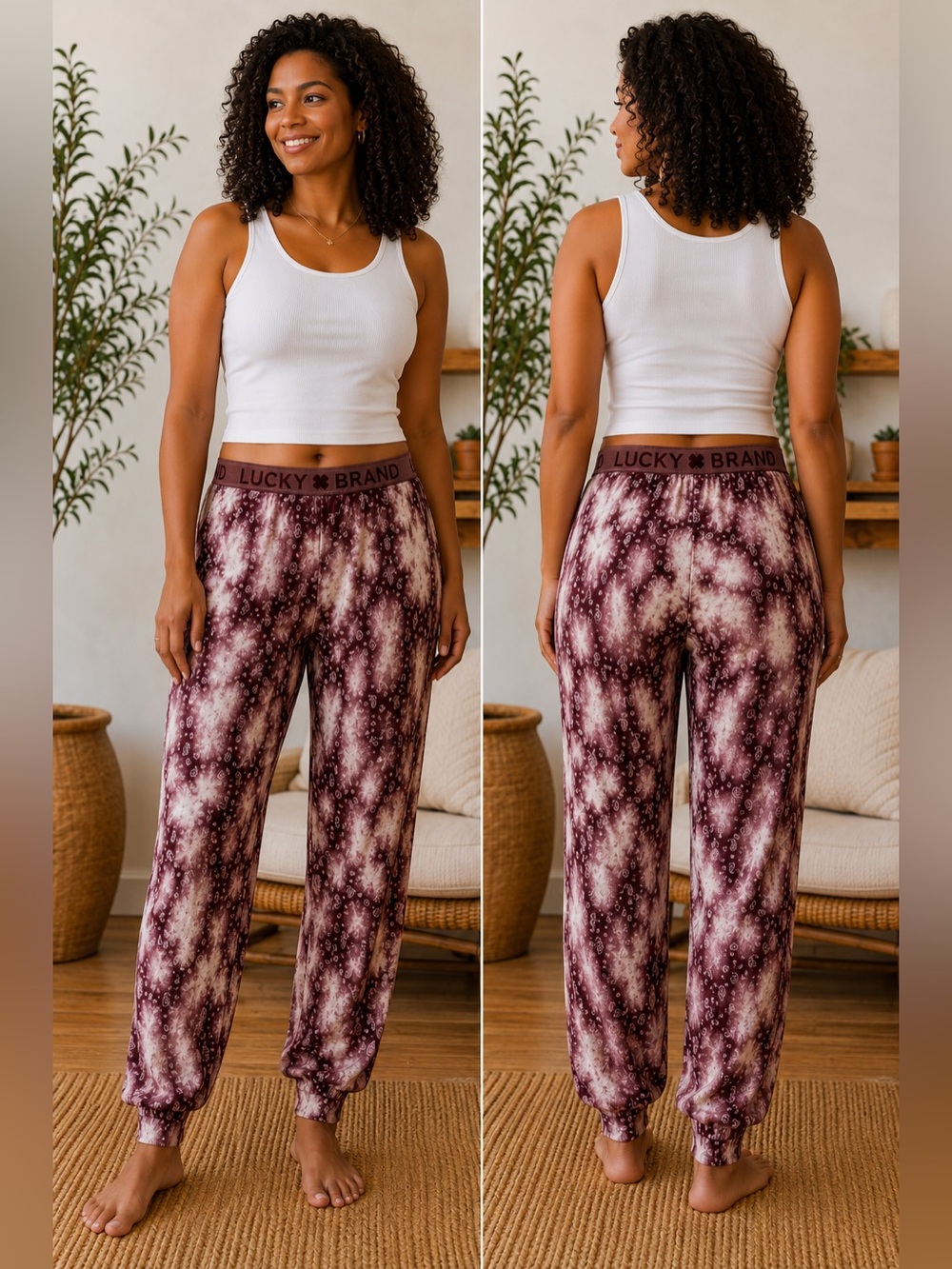 Lucky Brand Maroon Cream Paisley Tie Dye Lounge Jogger Pants Soft Cozy Size L
